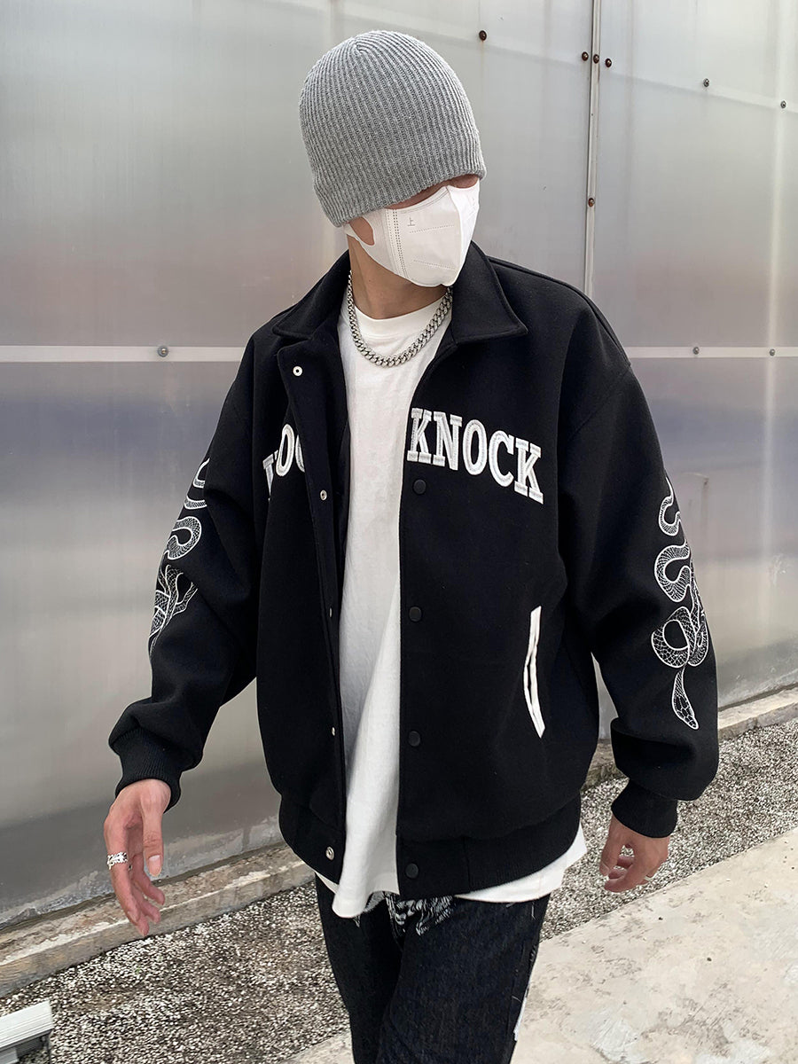 Knock Knock Embroidered Varsity Jacket