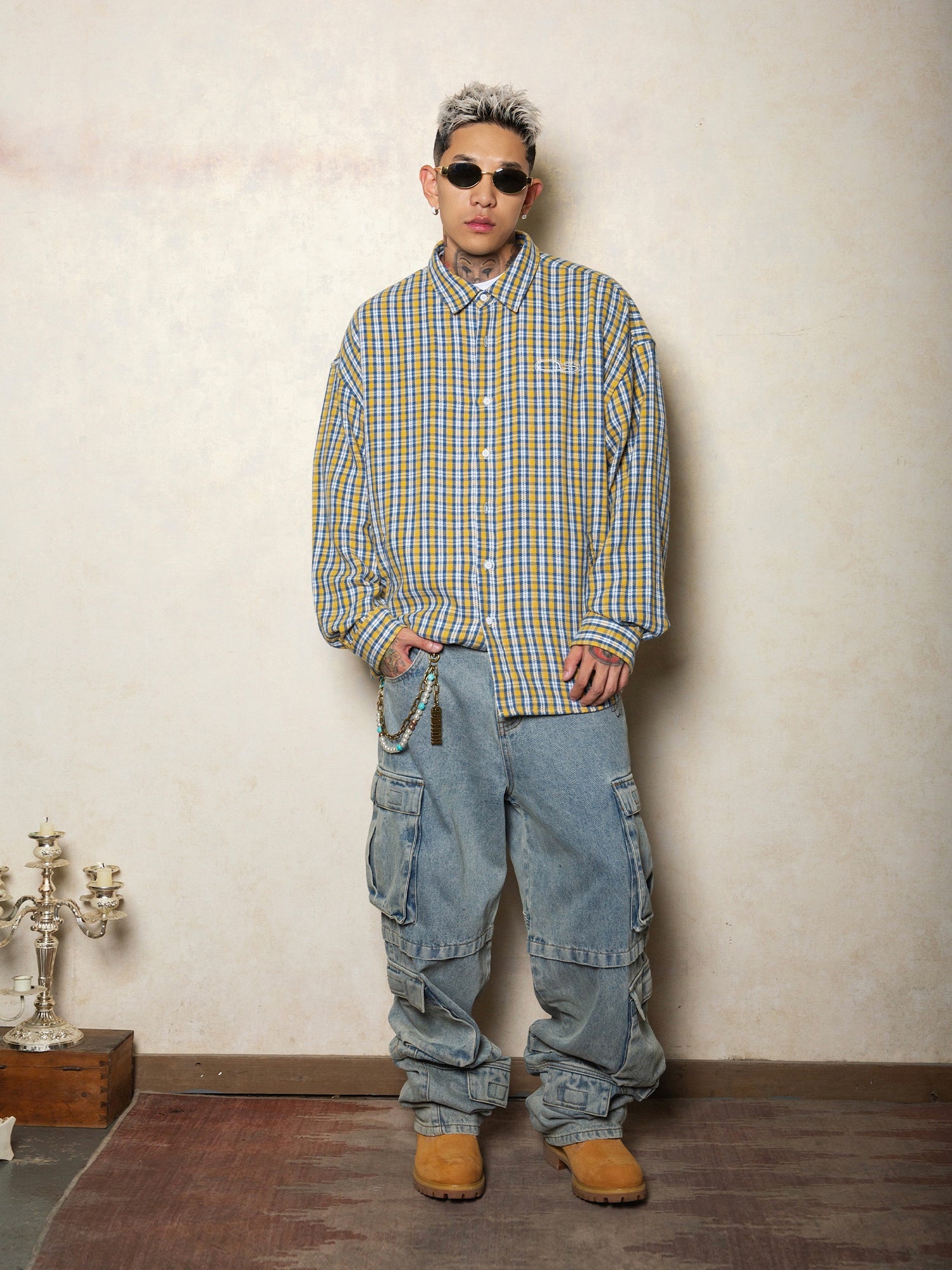 S45 Basic Embroidered Logo Plaid Long Sleeved Shirt