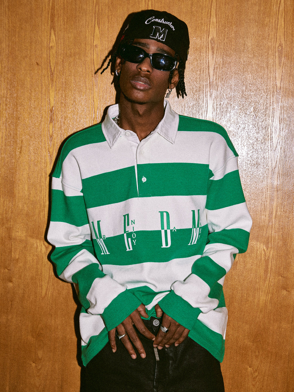 MEDM Striped Logo Long Sleeved Polo Shirt