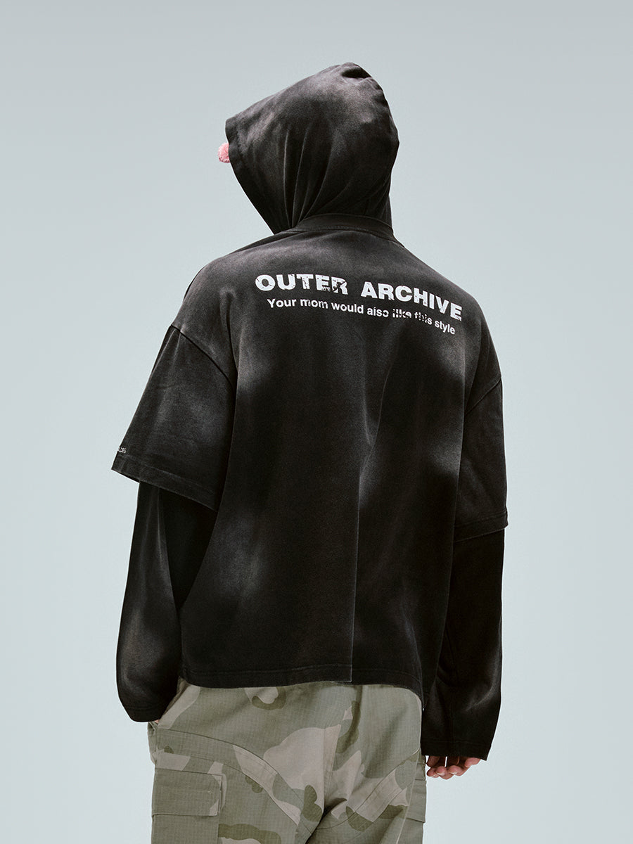 F2CE Dirty Dye Printed Fake Two-Piece Layering Hoodie