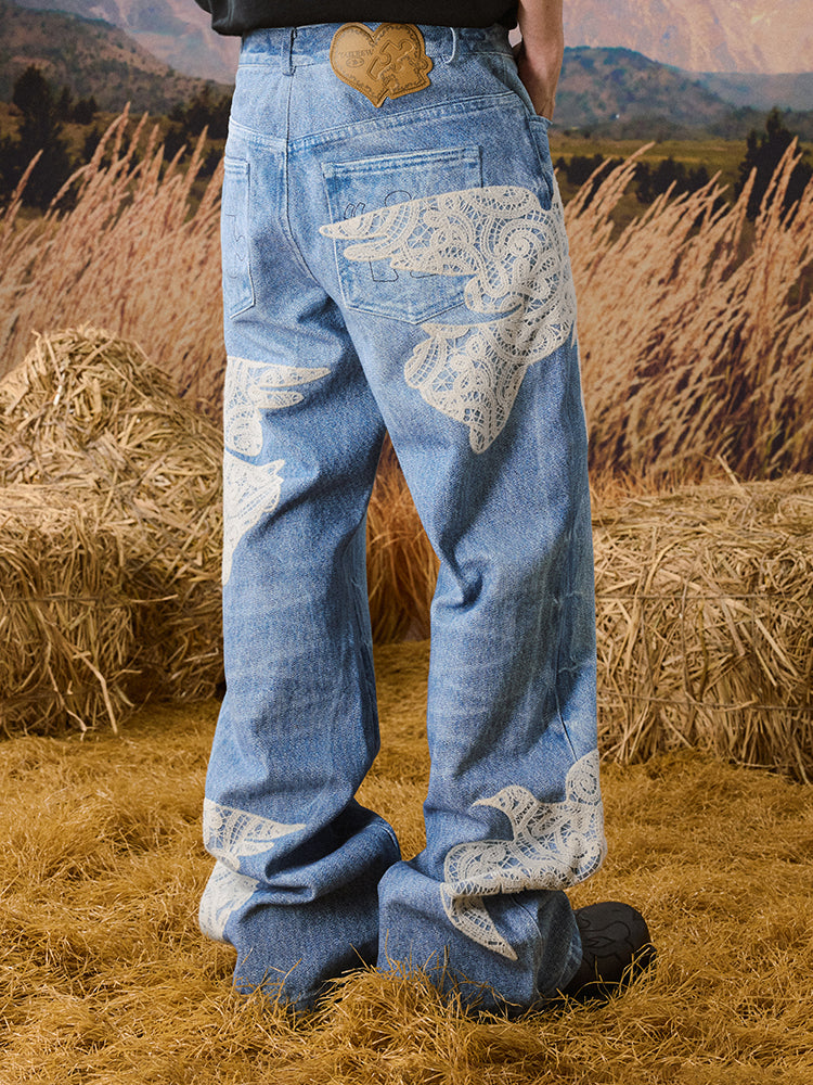 YADcrew Lace Peace Dove Patch Embroidery Print Jeans