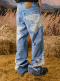 YADcrew Lace Peace Dove Patch Embroidery Print Jeans
