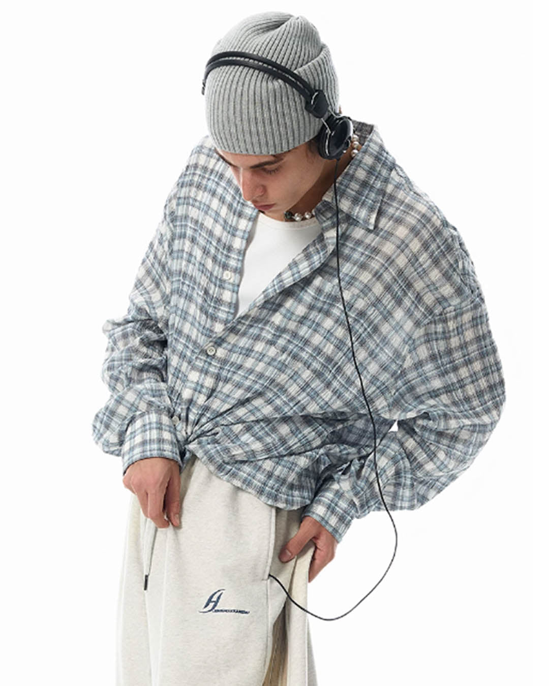 JHYQ Pleated Plaid Long Sleeved Shirt