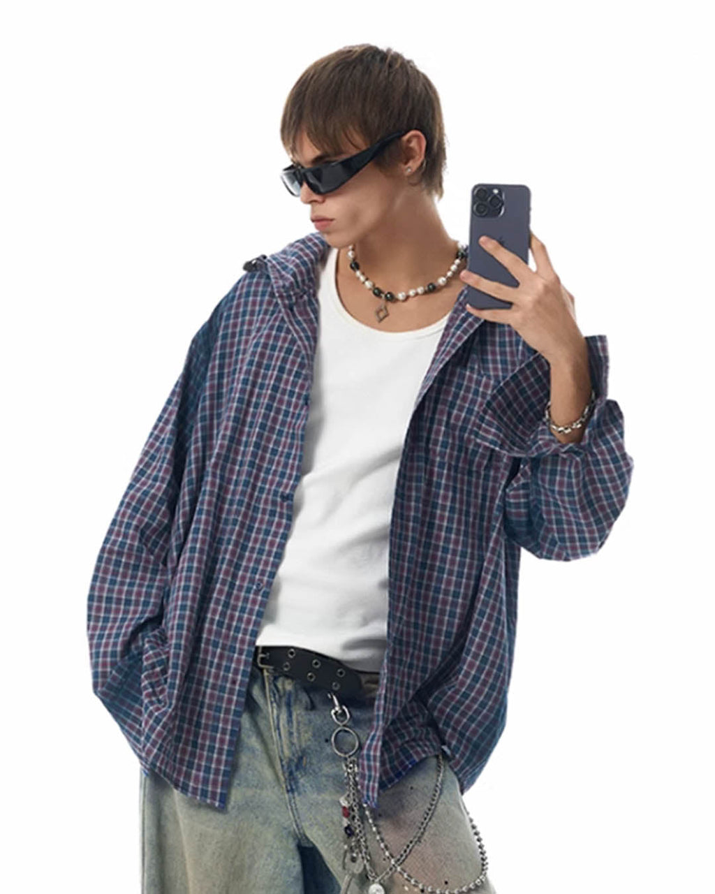 JHYQ Gradation Plaid Hooded Long Sleeved Shirt