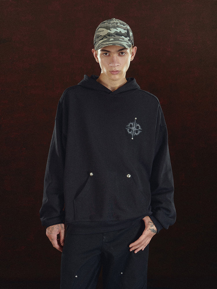 DICETINY Leather Logo Metal Studs Hoodie