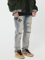 F2CE Destruction Embroidered LOGO Straight Denim Jeans Pants