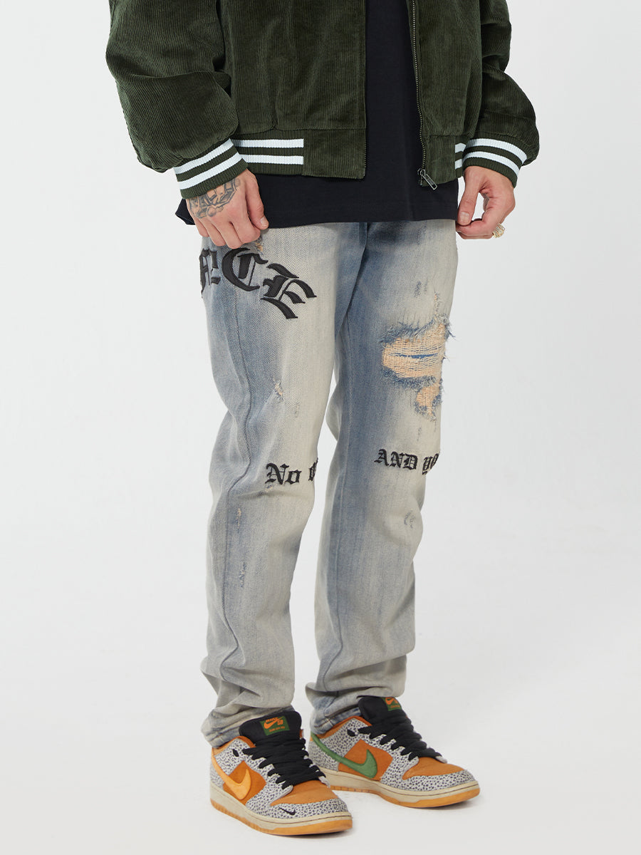 F2CE Destruction Embroidered LOGO Straight Denim Jeans Pants