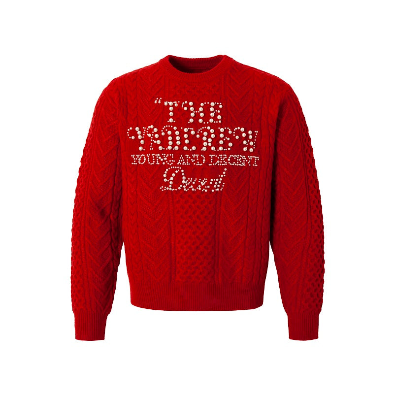 YADcrew Pearl Text Typography Knit Sweater