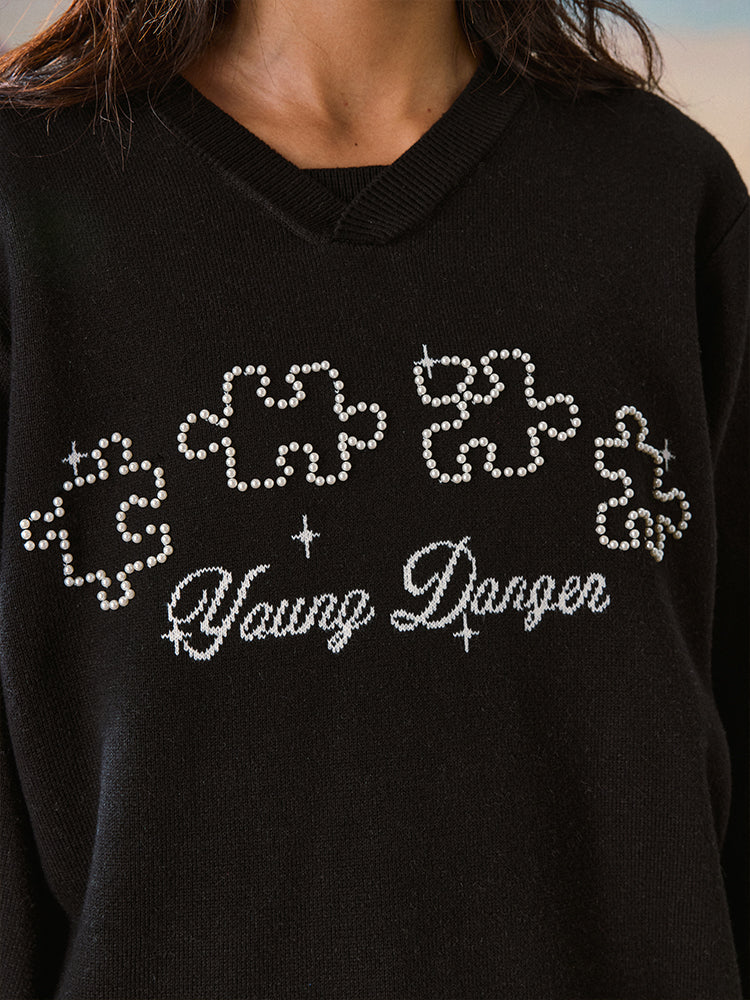 YADcrew Puzzle Pearl Jacquard Slogan Knit Sweater