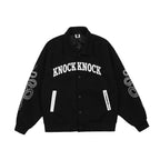 Knock Knock Embroidered Varsity Jacket