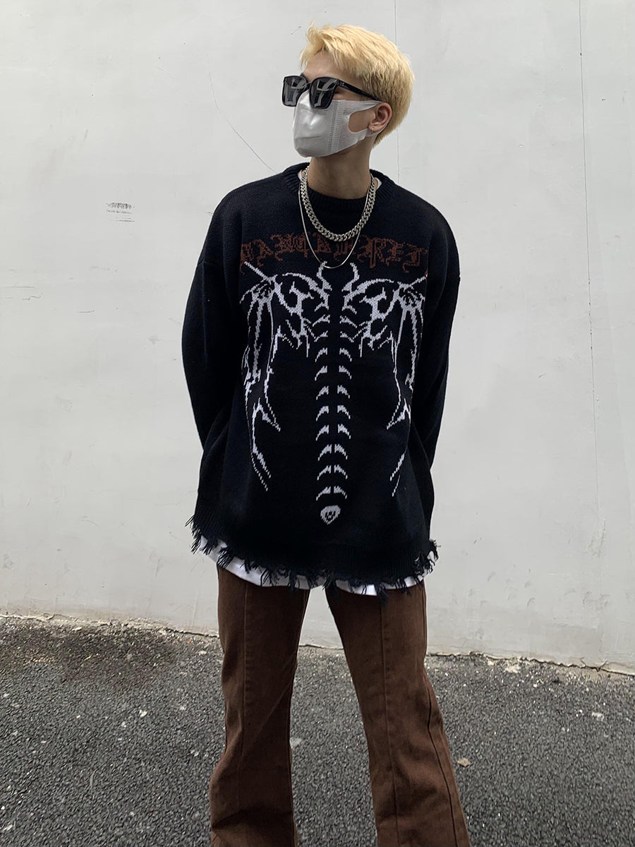 Skeleton Letters Frayed Distressed Knit Sweater