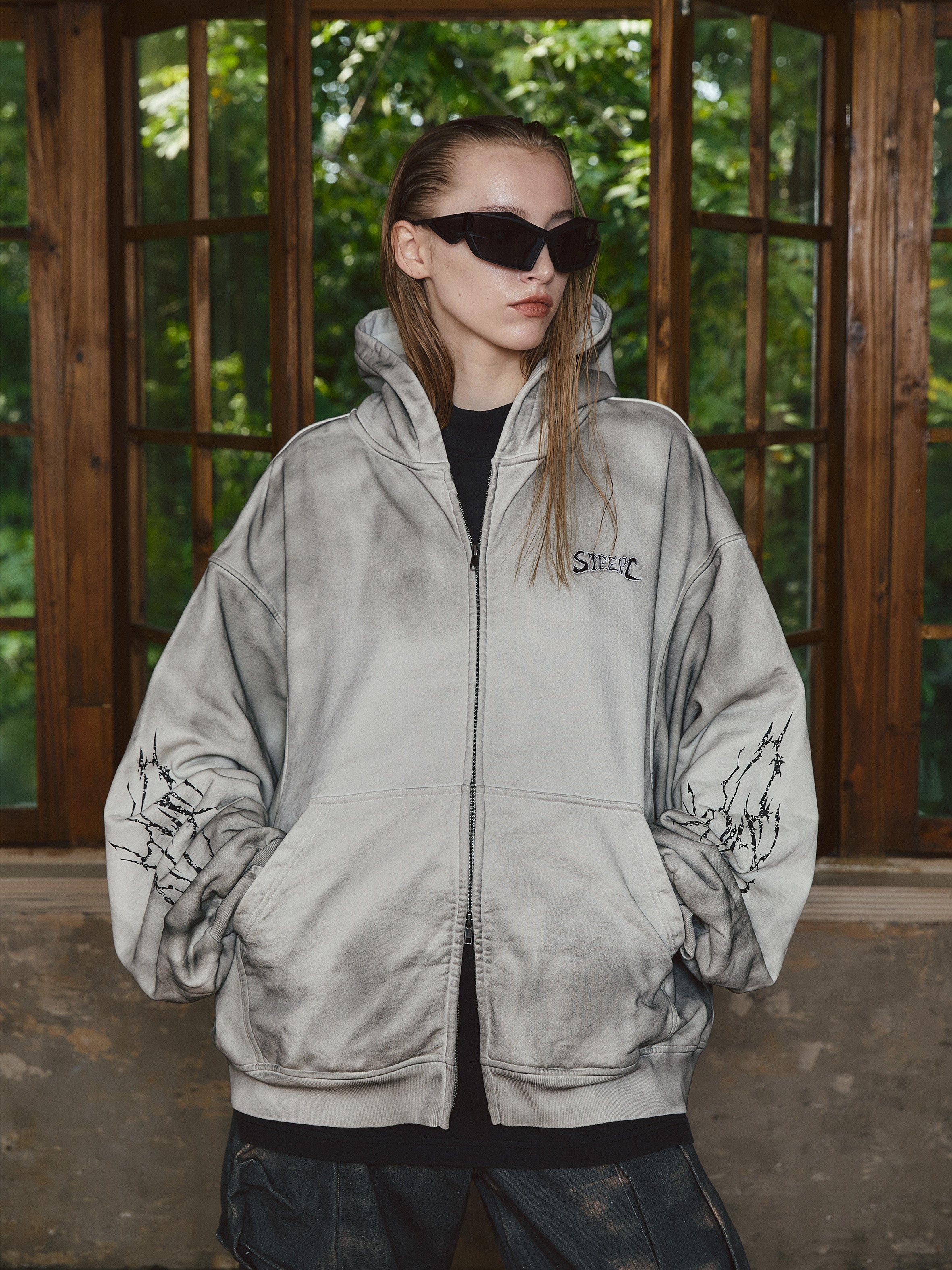 STEEPC Blade Drop Shoulder Dirty Zip Hoodie