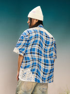 YADcrew Twisted Plaid Lace Splicing Short Sleeve Shirt