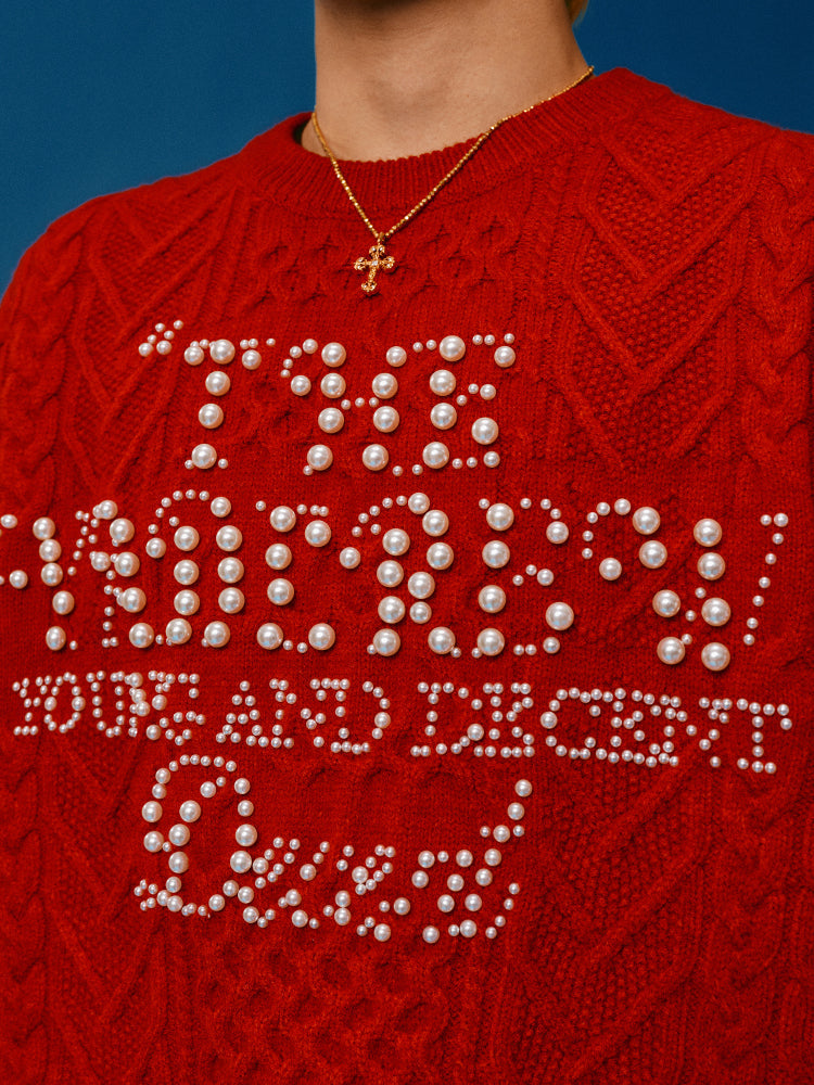 YADcrew Pearl Text Typography Knit Sweater
