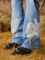 YADcrew Lace Peace Dove Patch Embroidery Print Jeans