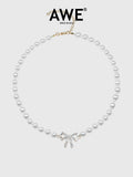 AWE Crystal Bow Pearl Necklace