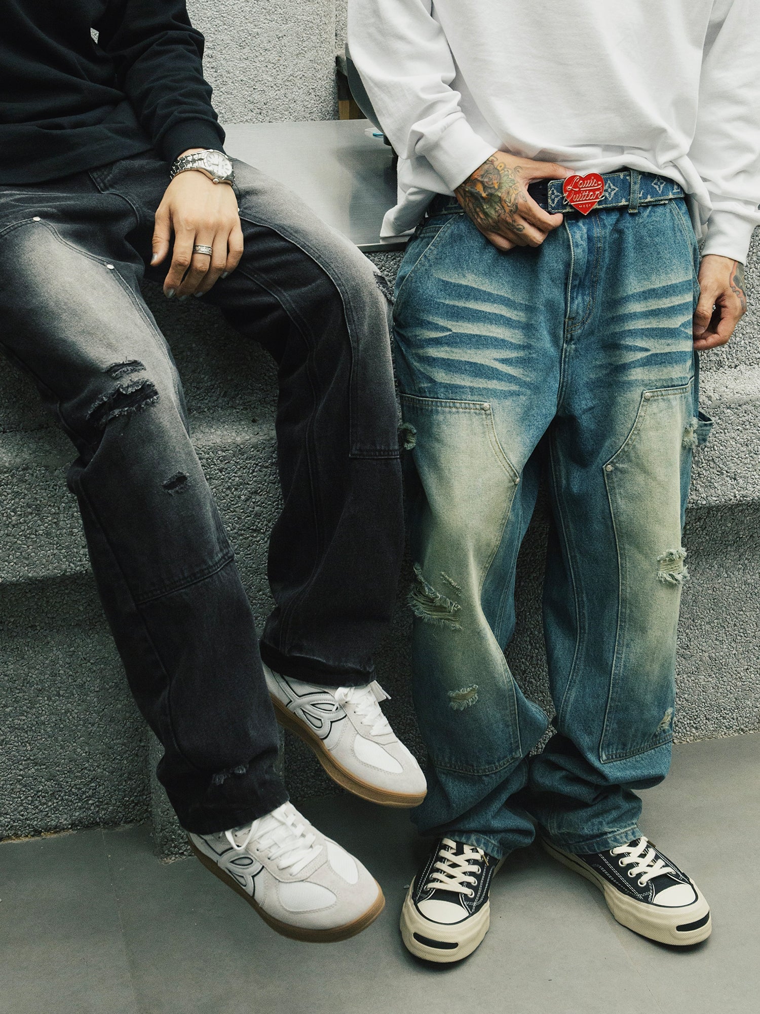 S45 Hole Washed Double Knee Jeans