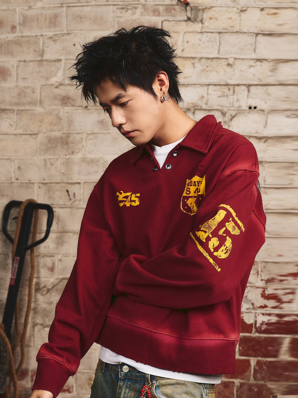 S45 Vintage Lapel Patch Polo Sweatshirt