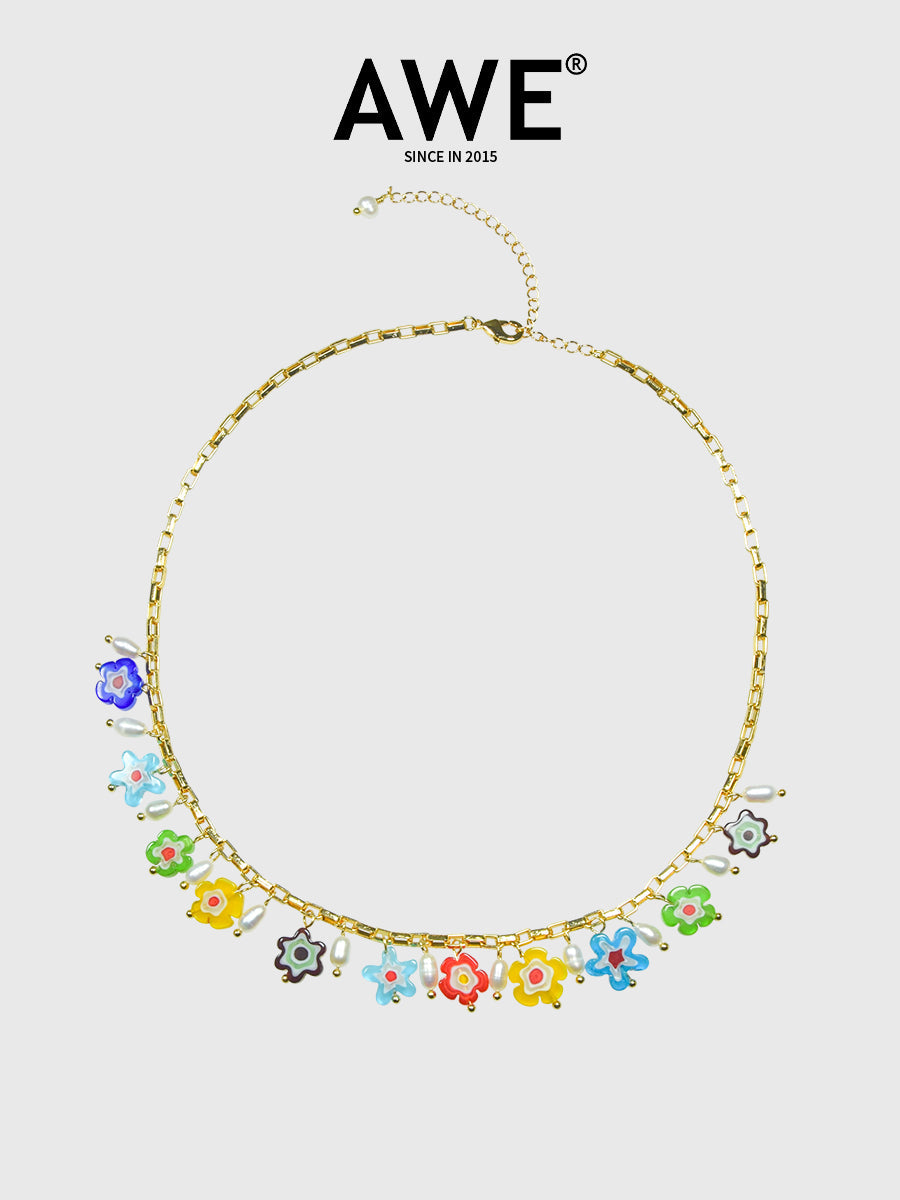 AWE Glass Flower Pearl Necklace