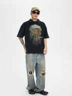 F2CE Washed Distressed Printing Polo Shirt
