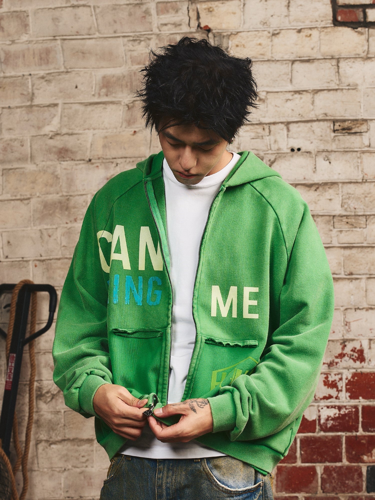 S45 Washed Flocking 3D Printed Zip Up Hoodie