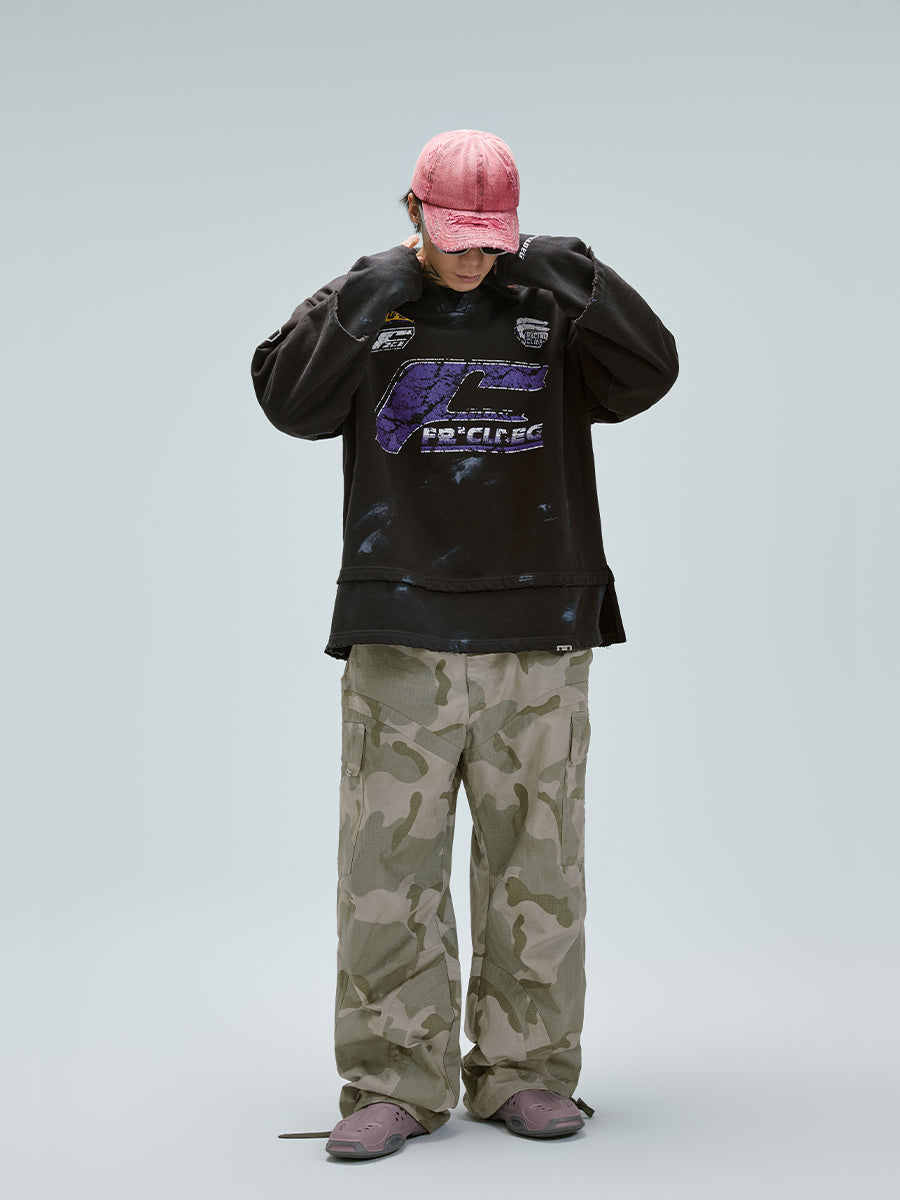 F2CE Fake Two Piece Frayed Overlay Racing Polo Sweatshirt