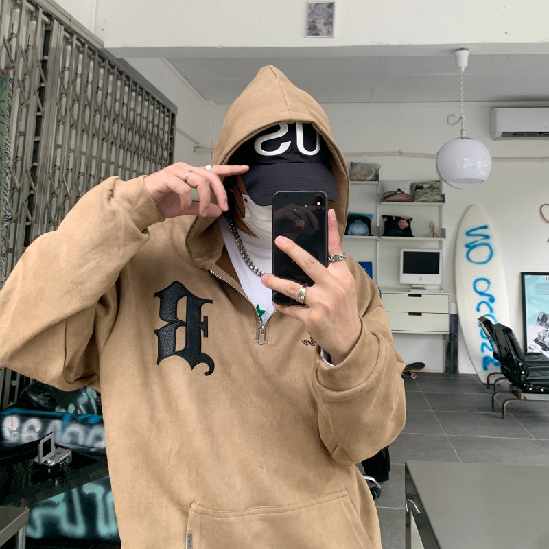 F3F Select B Logo Embroidered Suede Half Zip Hoodie