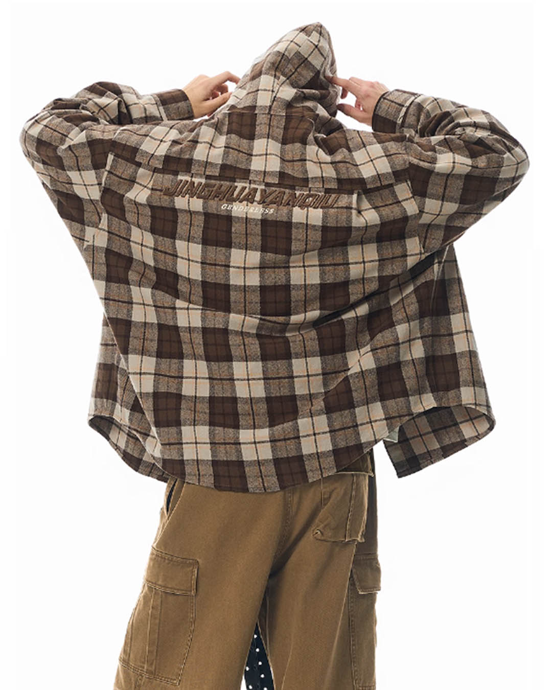 JHYQ Work Plaid Embroidery Hooded Shirt Jacket
