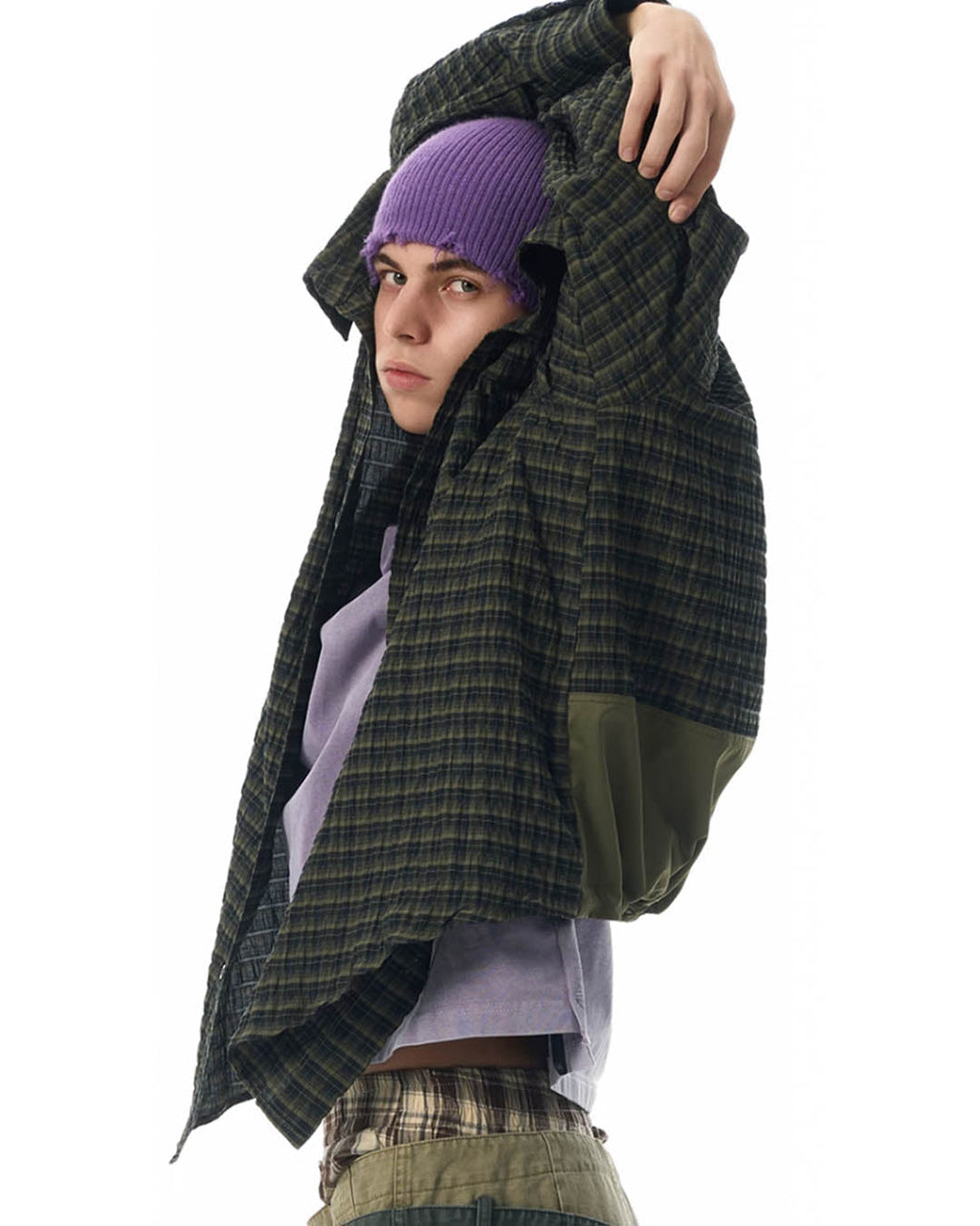 JHYQ Vintage Plaid Patchwork Long Sleeved Shirt