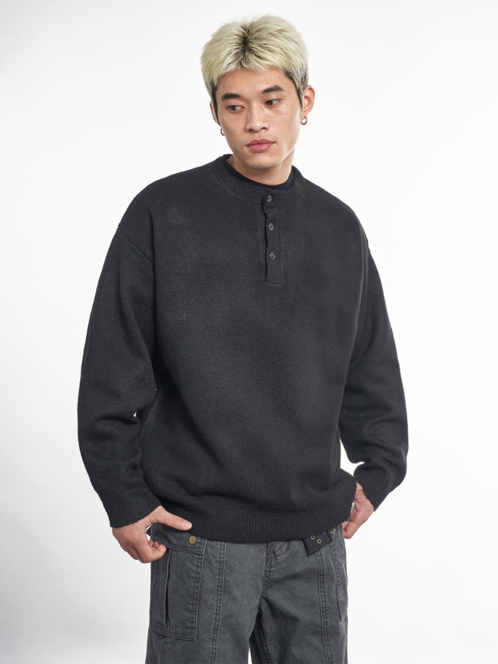 F3F Select Relaxed Fit Henley Neck Knit Sweater