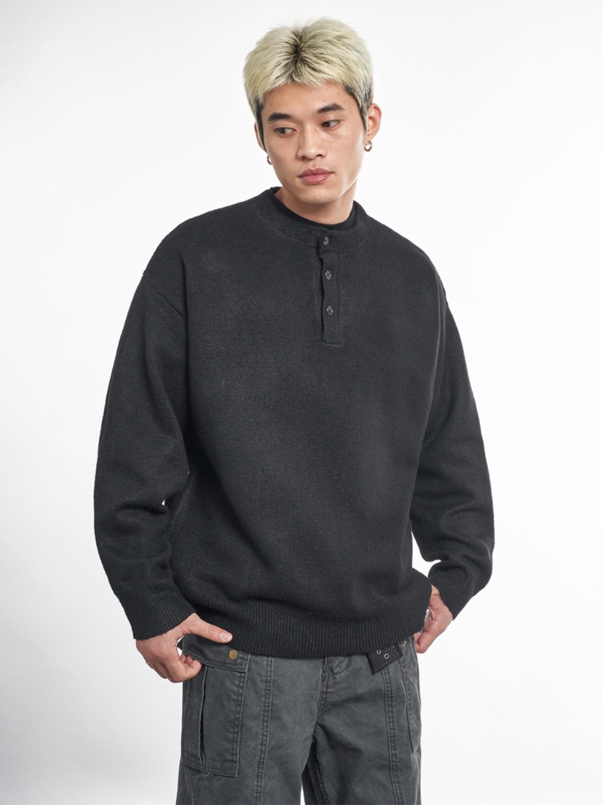 F3F Select Relaxed Fit Henley Neck Knit Sweater