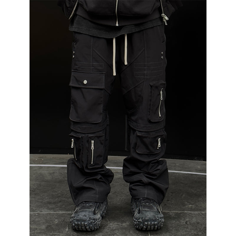 F2CE Nylon Multi Pocket Micro Flare Straight Leg Zipper Pants