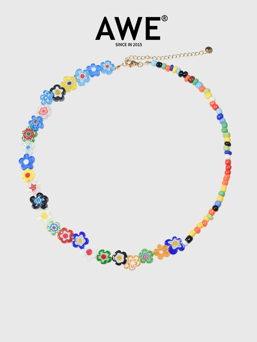AWE Glass Flower Color Beaded Necklace