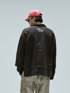 F2CE Fake Two Piece Frayed Overlay Racing Polo Sweatshirt