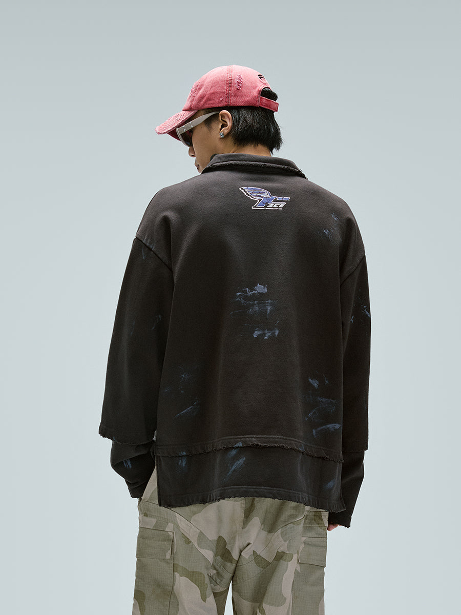 F2CE Fake Two Piece Frayed Overlay Racing Polo Sweatshirt