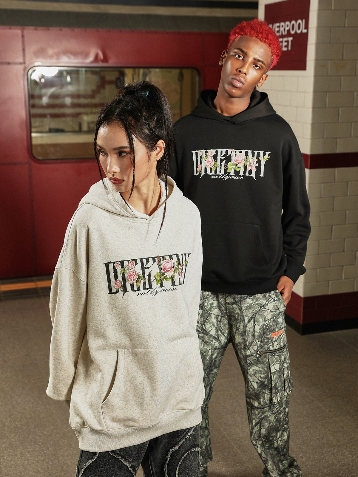 DICETINY Basic Logo Rose Floral Print Hoodie
