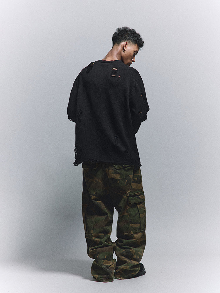 ANTIDOTE Hole Breaking Badge Printed Knit Sweater