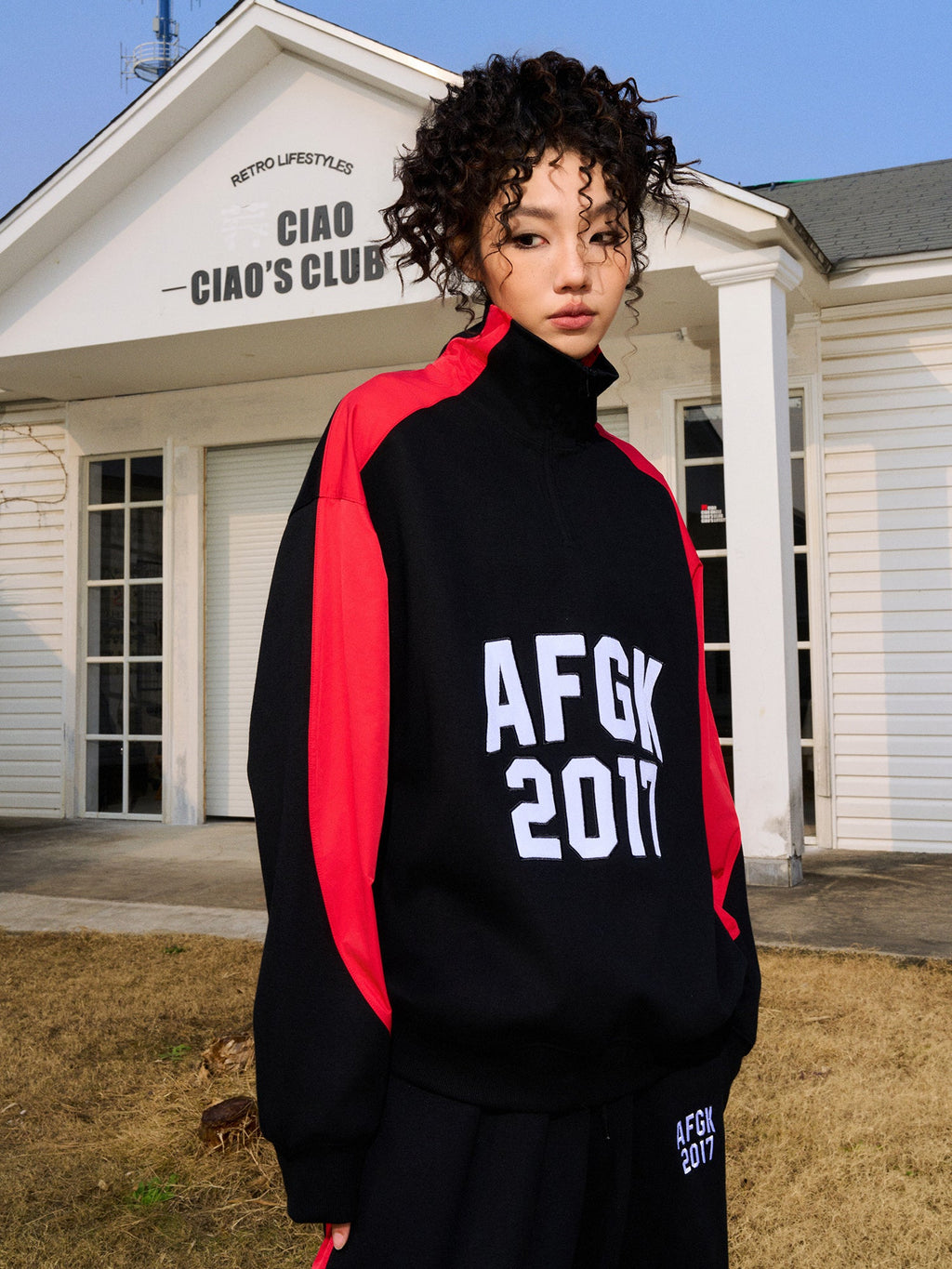 AFGK Standing Collar Patchwork Color Blocking Sweatshirt