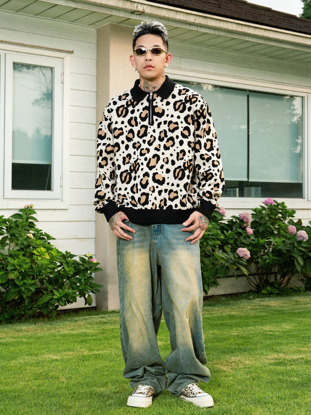 S45 Leopard Jacquard Polo Collar Knit Sweater