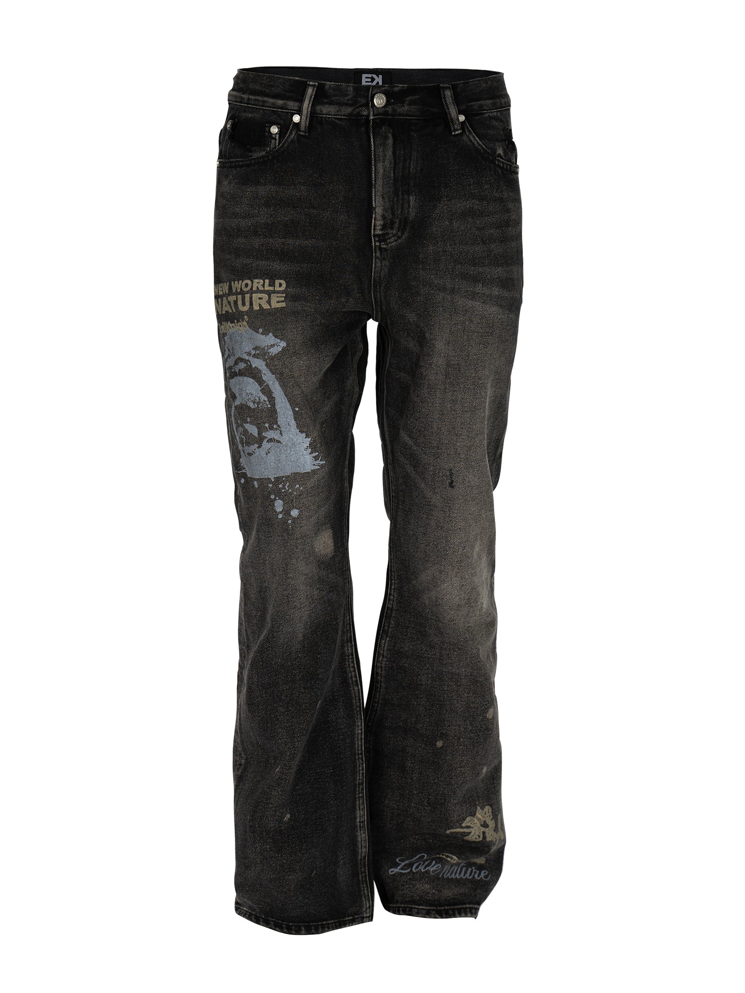 EVILKNIGHT(EK) Digital Print Butterfly Embroidery Denim Flare Pants