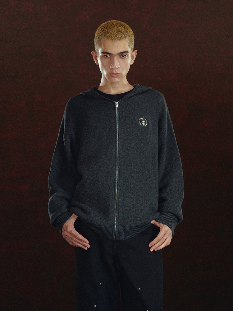 DICETINY Metal Logo Zip Up Knit Hoodie