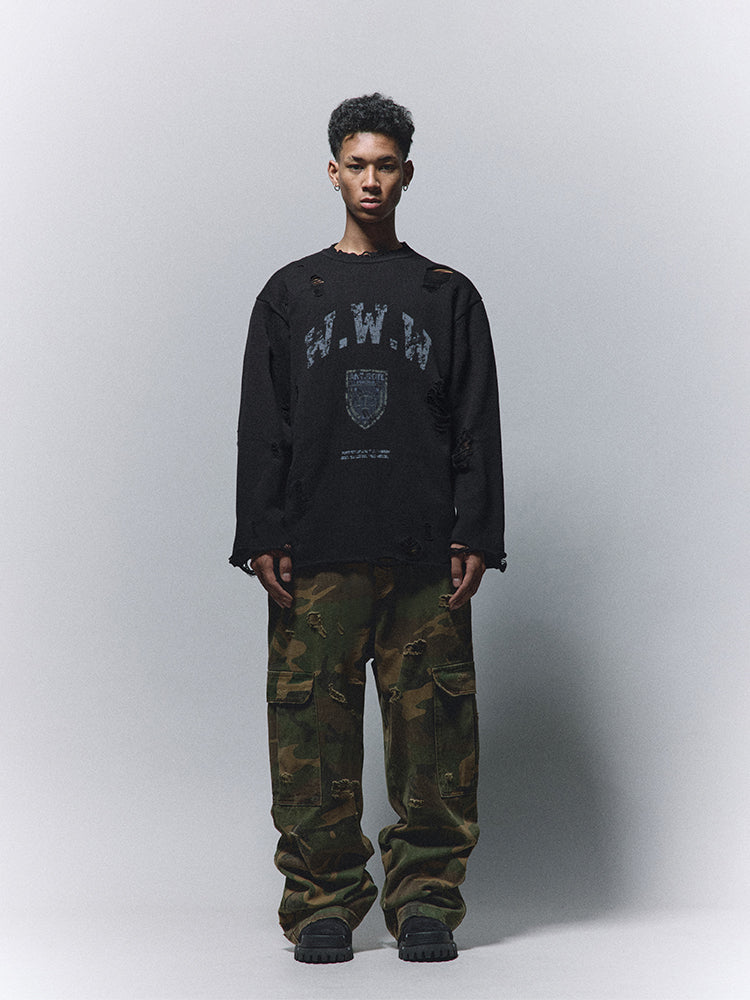 ANTIDOTE Hole Breaking Badge Printed Knit Sweater