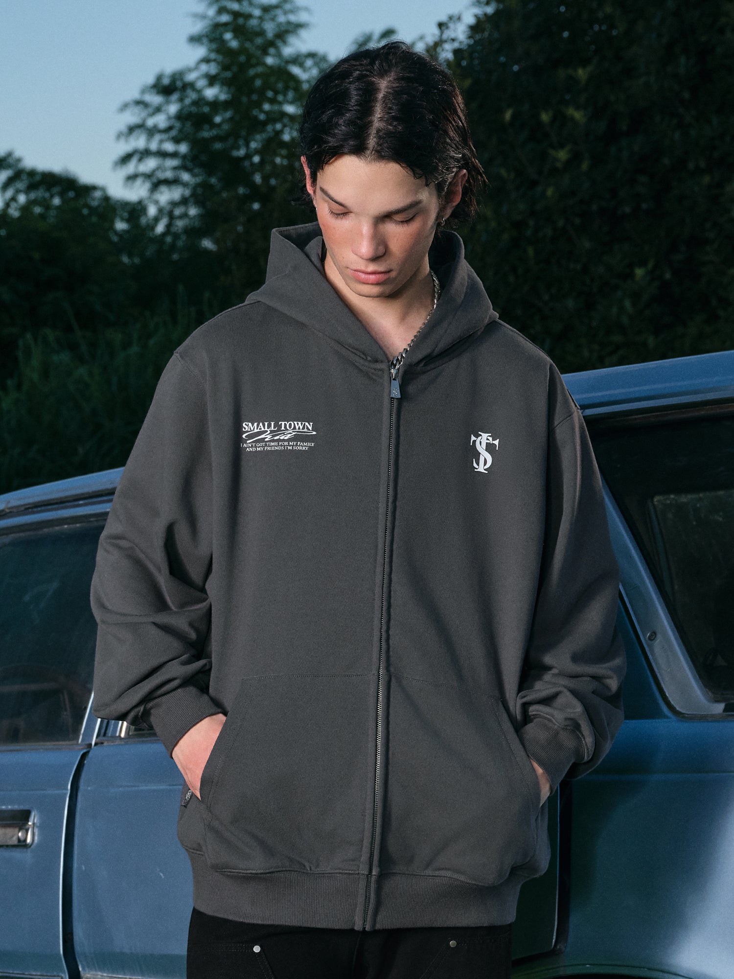 Small Town Kid Font Typography Logo Zip Up Hoodie