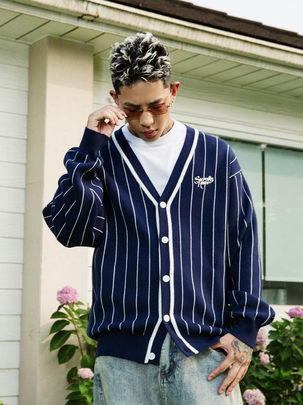 S45 Vertical Stripe Logo Knit Cardigan