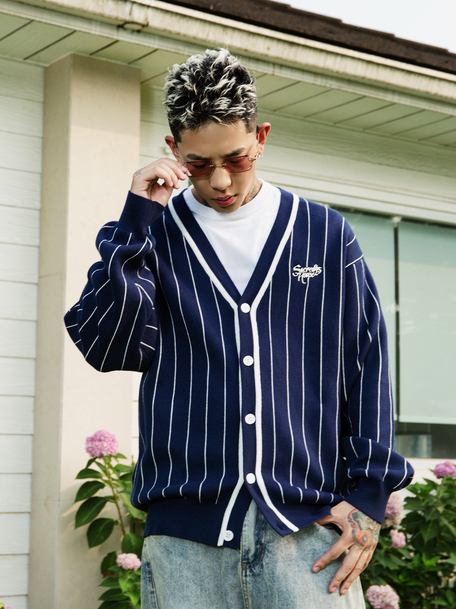S45 Vertical Stripe Logo Knit Cardigan