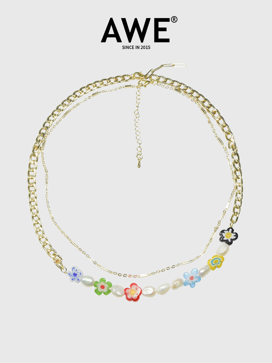 AWE Double Chain Flower Pearl Necklace