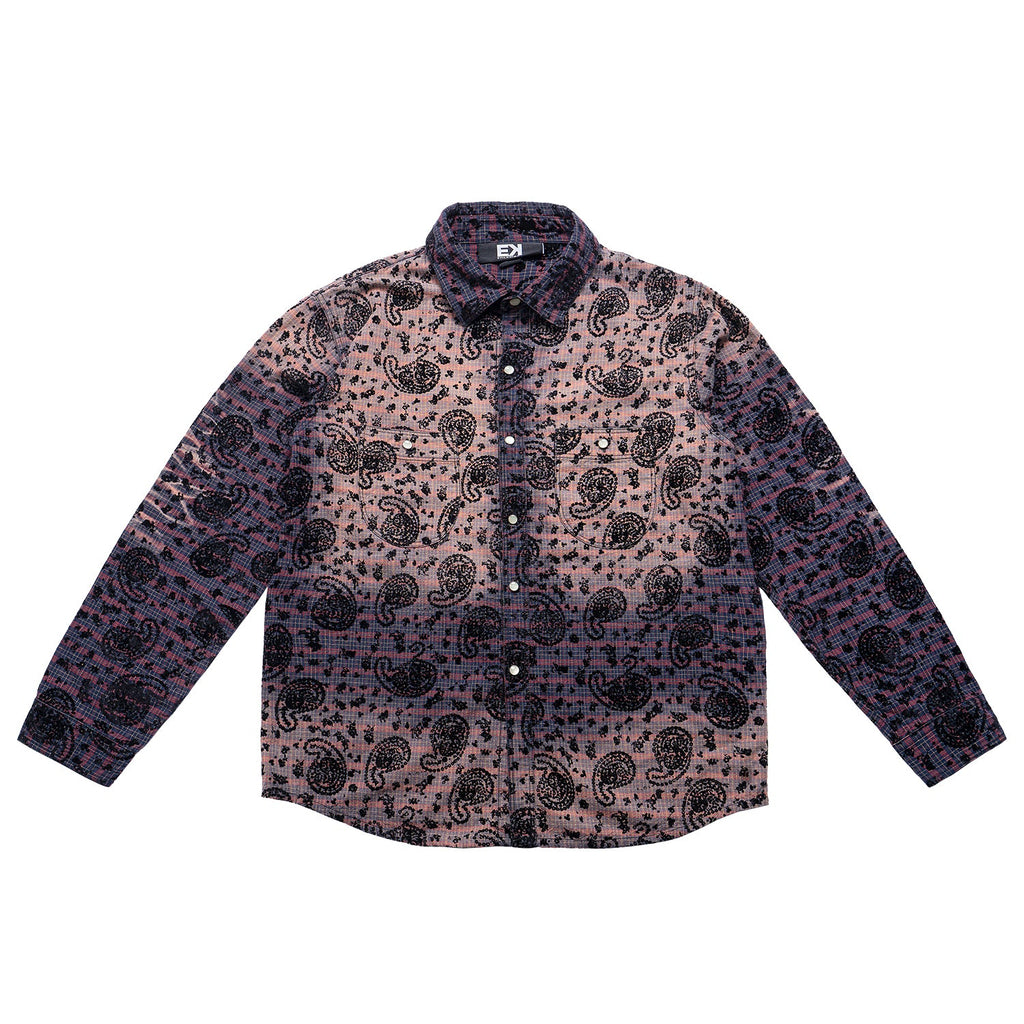 EVILKNIGHT(EK) Paisley Washed & Aged Gradient Plaid Long Sleeve Shirt