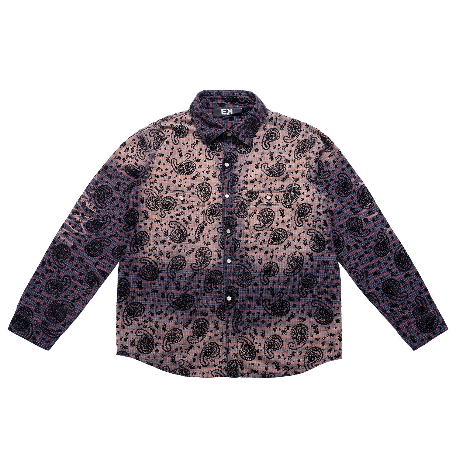 EVILKNIGHT(EK) Paisley Washed & Aged Gradient Plaid Long Sleeve Shirt
