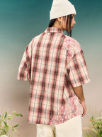 YADcrew Evening Lace Splicing Pink Plaid Short Sleeve Shirt