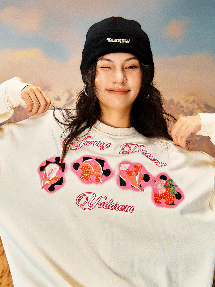 YADcrew Cream Strawberry Puzzle 3D Embroidery Sweatshirt